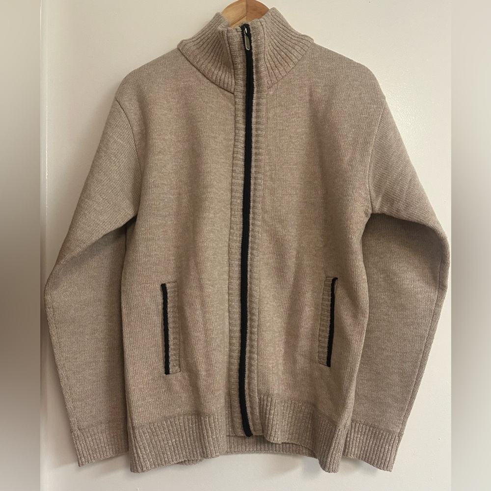 Men's Beige Zip-Up Sweater with Black Accents